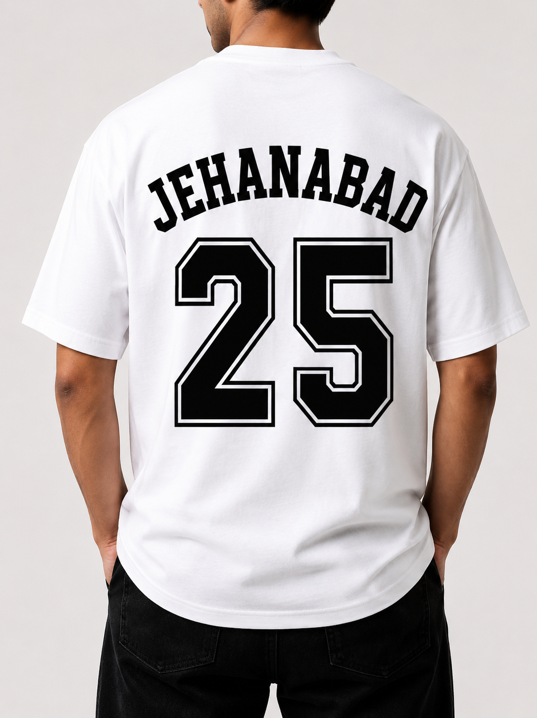 jehanabad 25 oversized back print t-shirt | unisex streetwear | premium cotton | white