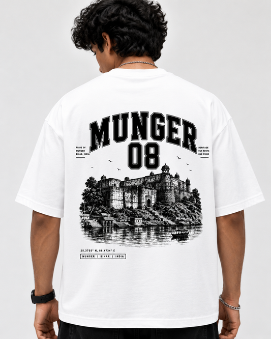 Munger 08 Oversized Graphic T-Shirt for Men | Premium Cotton Heritage Back Print Tee | White