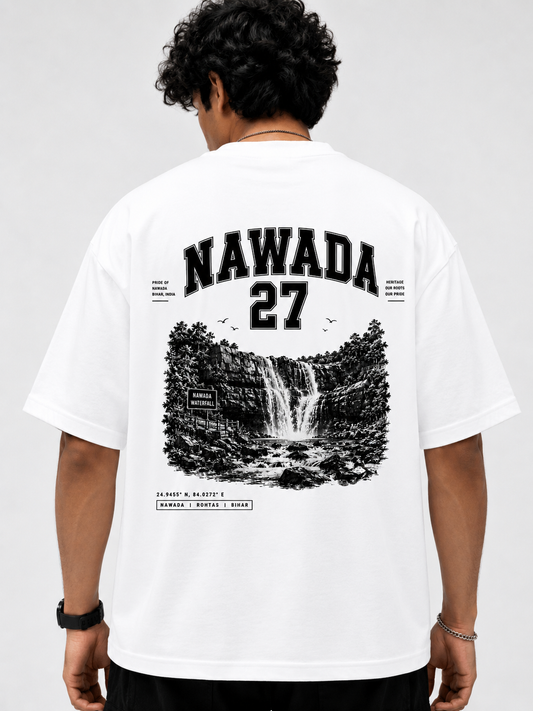 Nawada 27 Oversized Graphic T-Shirt for Men | Premium Cotton Heritage Back Print Tee | White