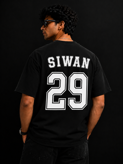 Siwan 29 Oversized Graphic T-Shirt for Men | Premium Cotton Varsity Back Print Tee | Black
